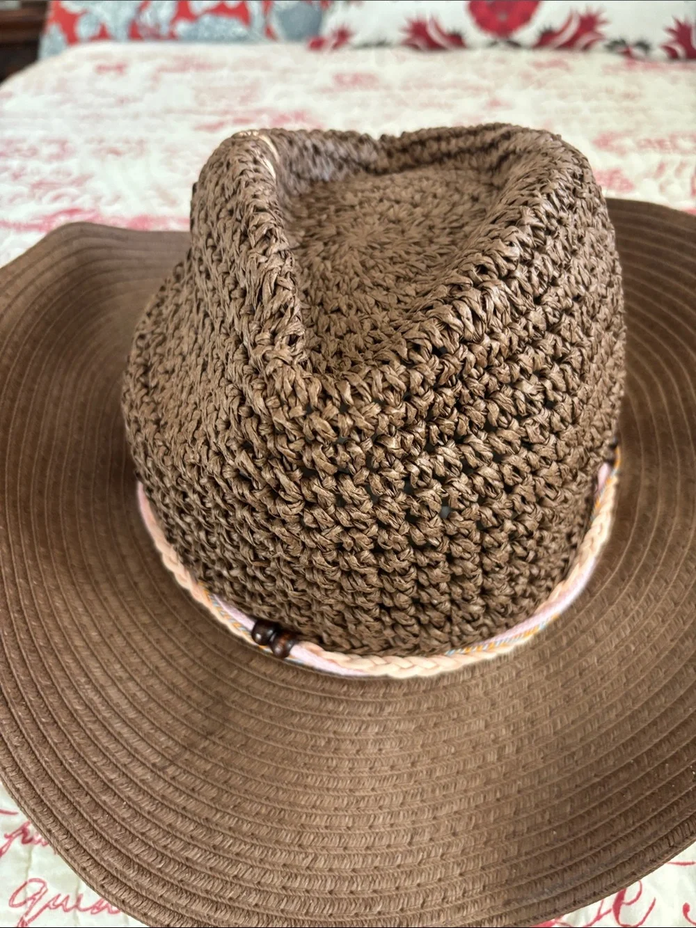 NWT Vince Camuto Brown Braided Straw Bucket Hat with Pink Beaded Accent Band